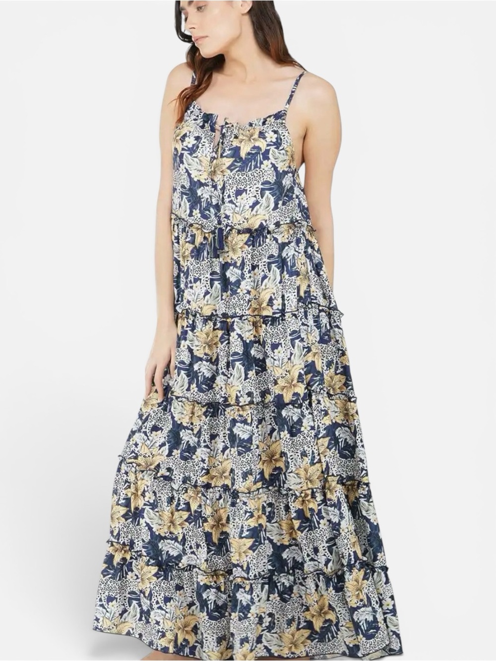 America & Beyond Tropical Cheetah Print Maxi Tiered Sundress Small Resort NWT
